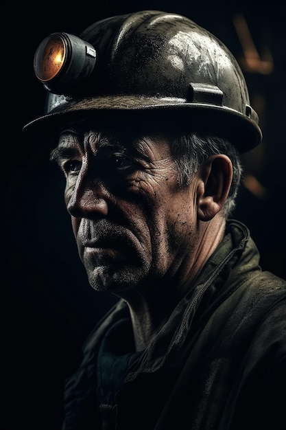 Miner with a dirty face in helmet at work in coal mine Generative AI