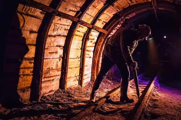 Miner working a jackhammer in a coal mine. Work in a coal mine. Portrait of a miner. Copy space.