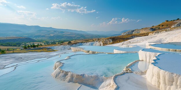 Mineral rich baby blue thermal waters in white travertine terraces in Pamukkale Turkey Outdoors spa