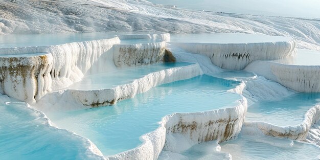 Mineral rich baby blue thermal waters in white travertine terraces in Pamukkale Turkey Outdoors spa