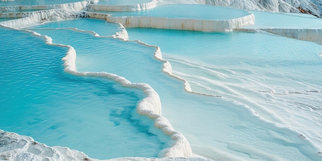 Mineral rich baby blue thermal waters in white travertine terraces in Pamukkale Turkey Outdoors spa