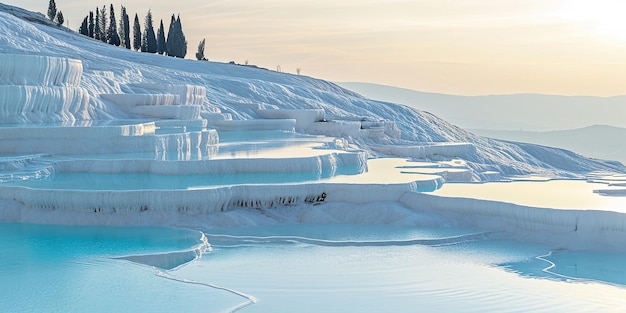 Mineral rich baby blue thermal waters in white travertine terraces in Pamukkale Turkey Outdoors spa