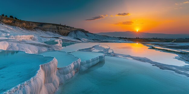 Mineral rich baby blue thermal waters in white travertine terraces in Pamukkale Turkey Outdoors spa