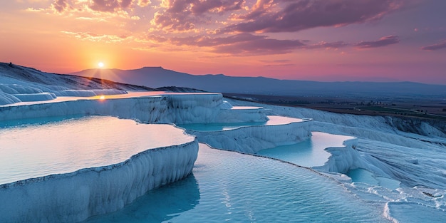 Mineral rich baby blue thermal waters in white travertine terraces in Pamukkale Turkey Outdoors spa