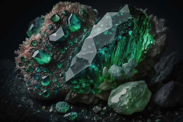 Photo mineral stone with green crystals gems crystals of minerals in their natural habitat