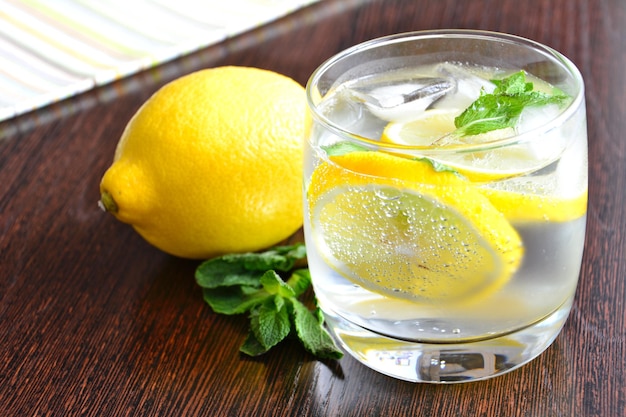 mineral water with slices of lemon, ice cubes and mint leaves isolated, close-up