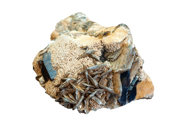 Mineralogical specimen conglomerate of morion crystals feldspar and mica isolated