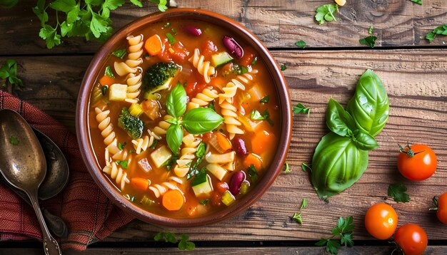 Photo minestrone italian vegetable soup with pasta on wooden table top view