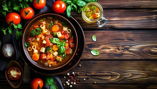 Photo minestrone italian vegetable soup with pasta on wooden table top view