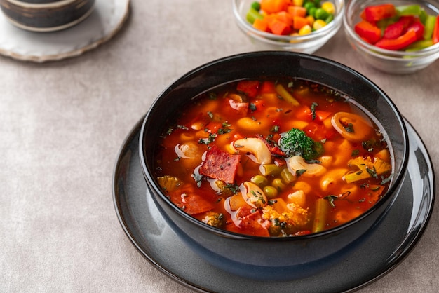 Minestrone Soup is a thick soup of Italian origin made with vegetables and pasta