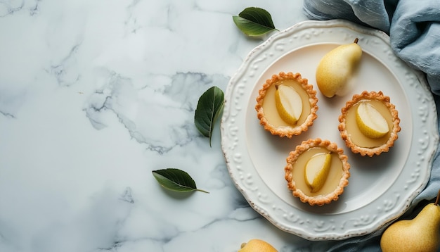 Mini apple pie tarts snack dessert homemade in white plate copy space background