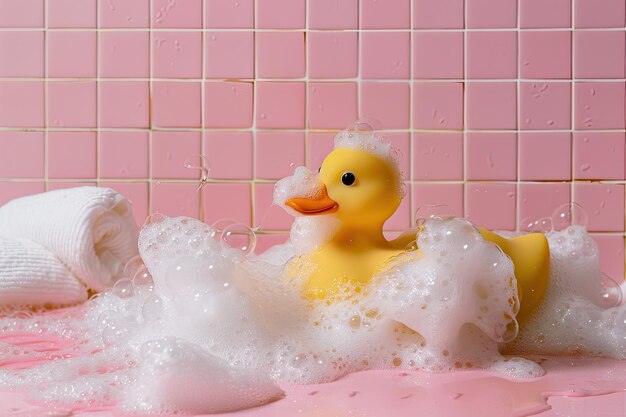 Photo mini bath with foam and soap bubbles on a pink background with tiles and a yellow duck