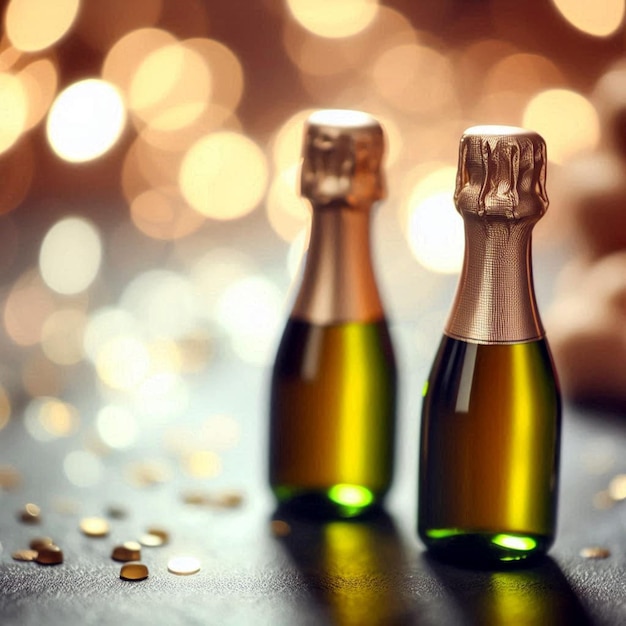 Mini champagne bottles on blurred space space for text