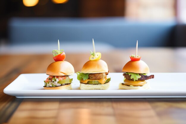 Photo mini cheeseburger sliders trio on rectangular plate