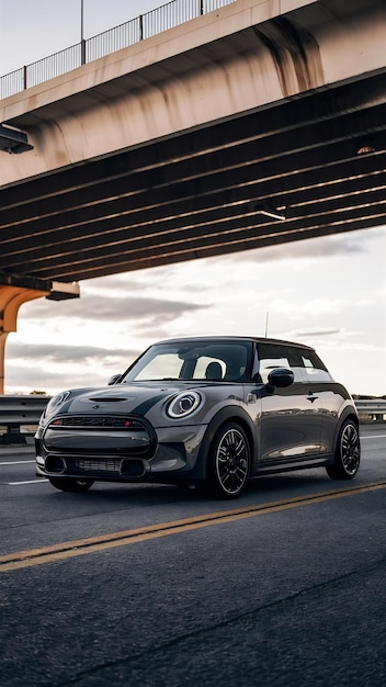 Mini coupe parking on the highway under the bridge