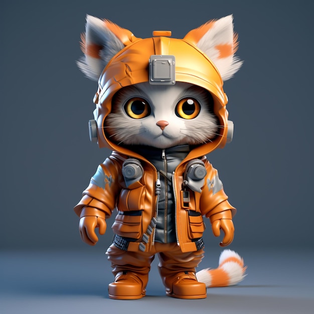 MINI cute futuristic hyperrealistic soldier cat wearing orange cyberpunk jacket