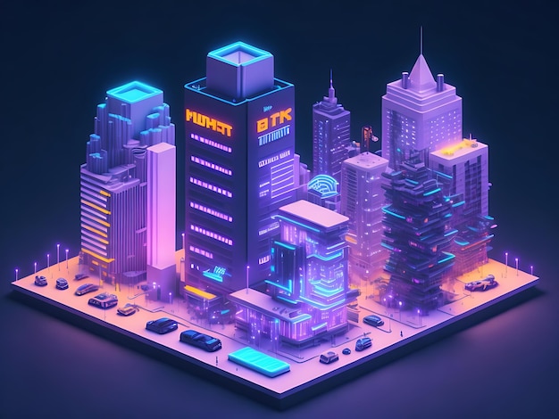 Mini Futuristic Cyberpunk Cityscape with Neon Lights on Black Background