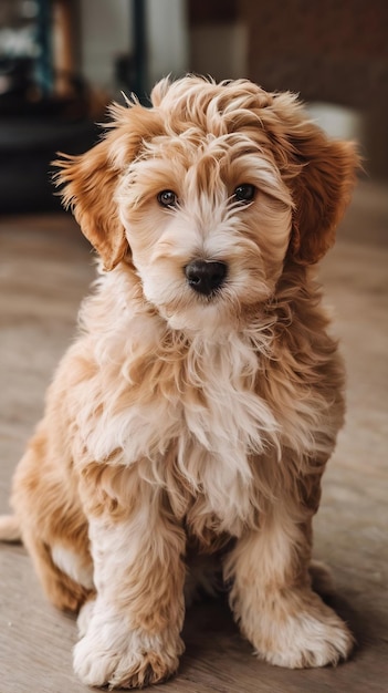 A mini golden doodle puppy looking to the camera