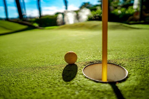 Mini Golf yellow ball on green grass at sunset