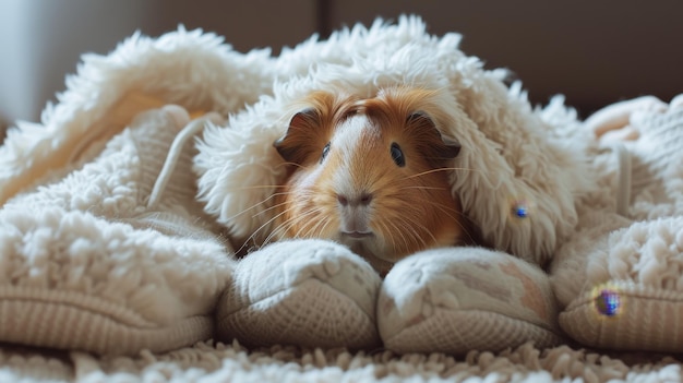 Photo a mini guinea pig lounging inside a macro scenery of cozy slippers ai generated illustration