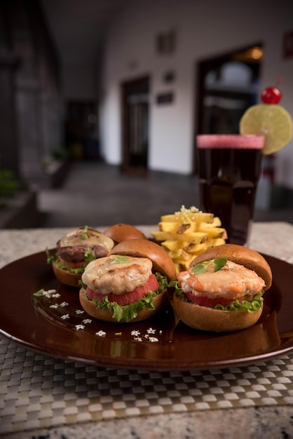 Mini hamburgers on a restaurant table