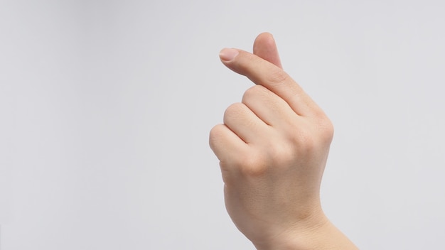 Mini heart hand sign on white background.