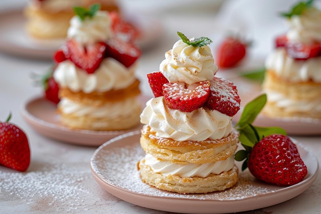 Mini homemade strawberry shortcake pastry beige background