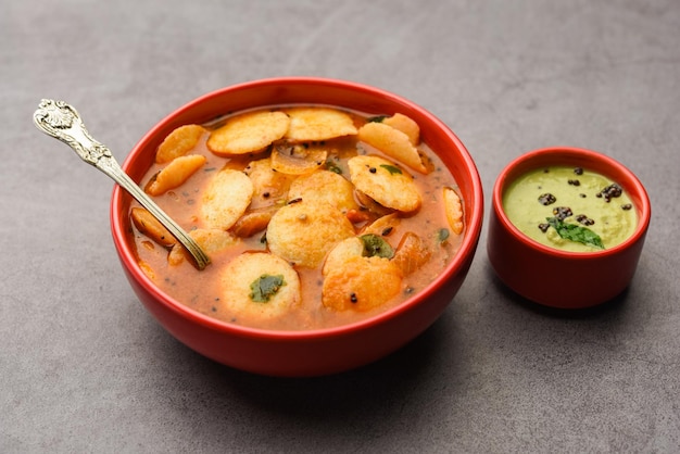 Mini idli or idlies with sambar and coconut chutney South Indian breakfast