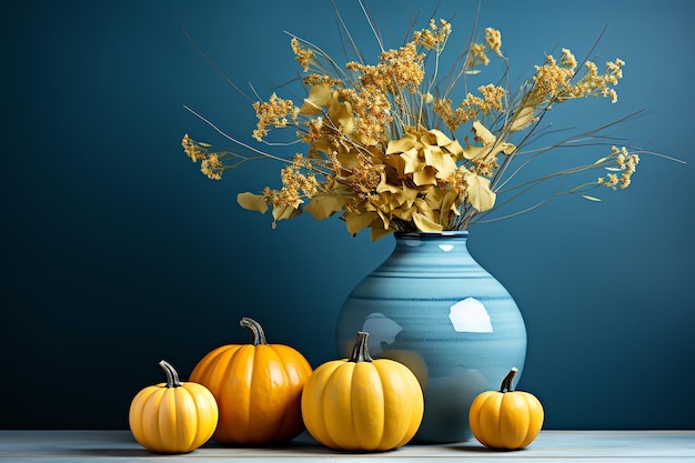 Mini pumpkins and flowers autumn composition on blue background copy space for text Generative AI