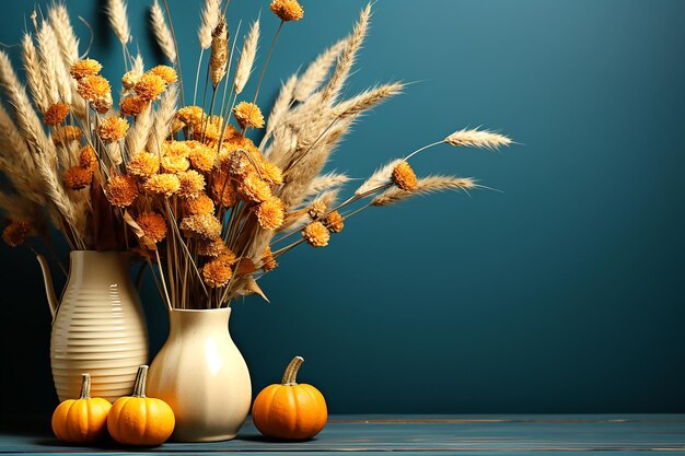 Mini pumpkins and flowers autumn composition on blue background copy space for text Generative AI