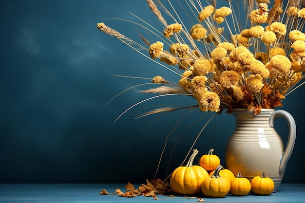 Mini pumpkins and orange flowers autumn composition on blue concrete background Generative AI