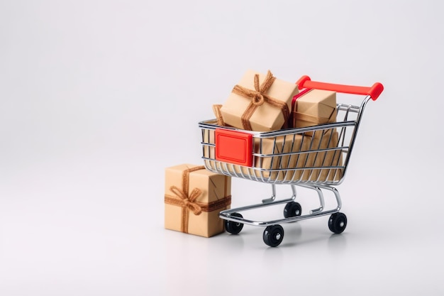 Mini shopping cart with gift box on white background