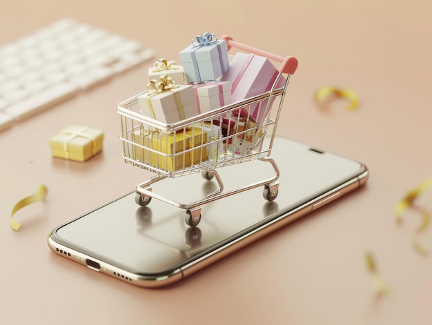 Mini shopping cart with gift boxes on a smartphone symbolizing online shopping ecommerce