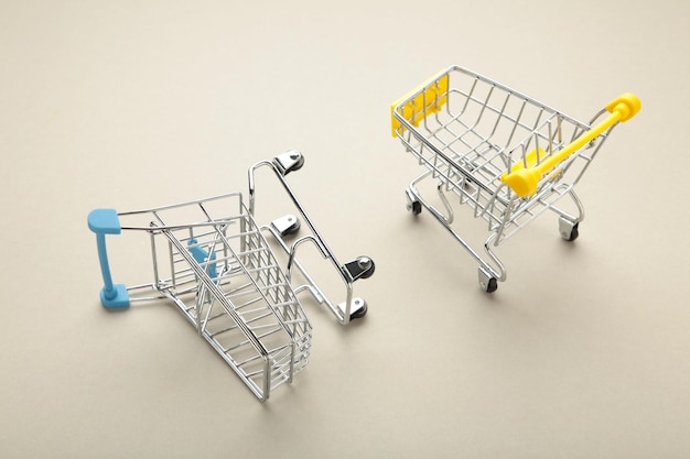 Mini shopping trolleys on a grey background