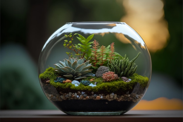 Mini succulent garden in glass terrarium on windowsill Generative Ai