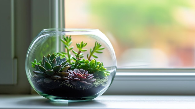 Mini succulent garden in glass terrarium on windowsill