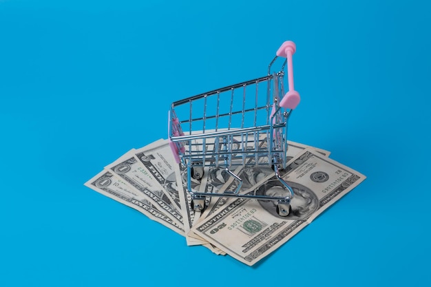 Mini supermarket shopping cart with various international currencies dollar euro real