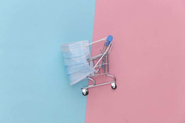 Mini supermarket trolley with medical mask on pink blue pastel background. Top view