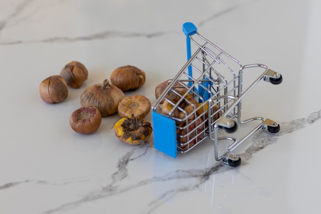 Mini trolley of gladiolus seeds laying on one side