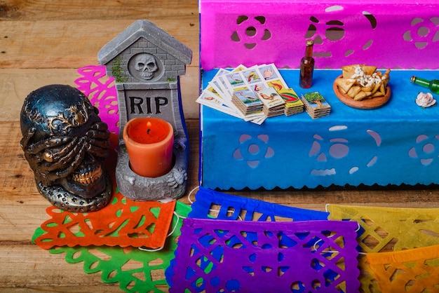 Miniature altar of the dead with offerings for deceased family members