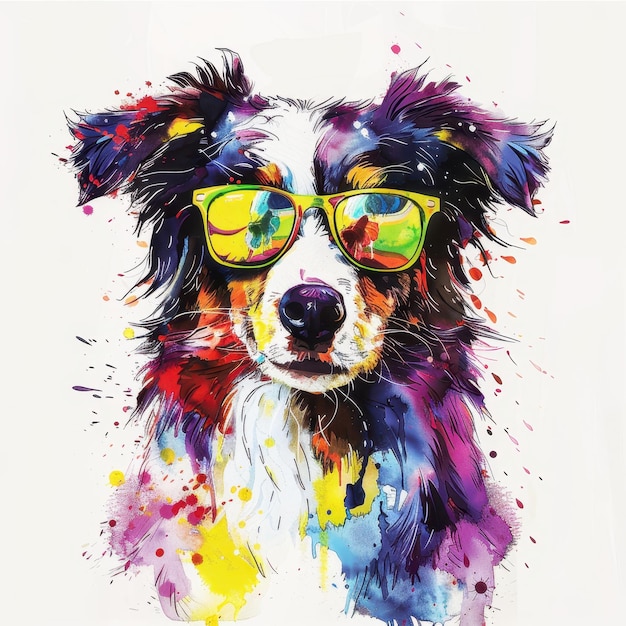 Miniature American Shepherd dog wearing sunglasses in colorful pop art style