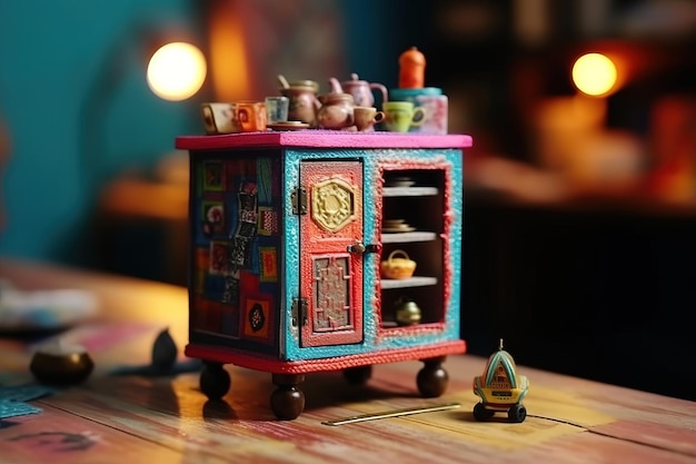 Miniature Artisan Cabinet Display with Cultural Artifacts