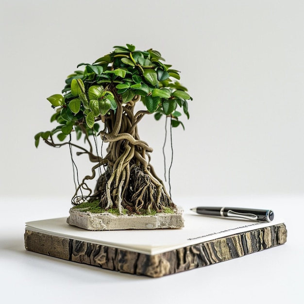 miniature banyan tree on a white work desk