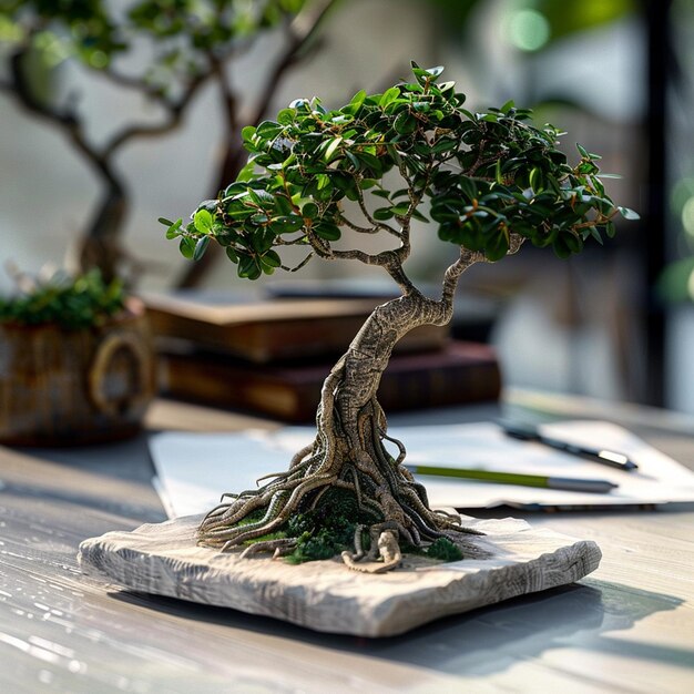 miniature banyan tree on a white work desk