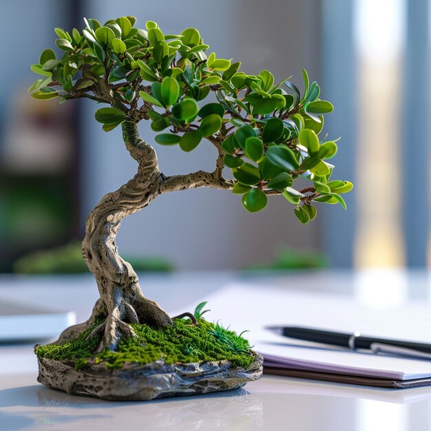 miniature banyan tree on a white work desk