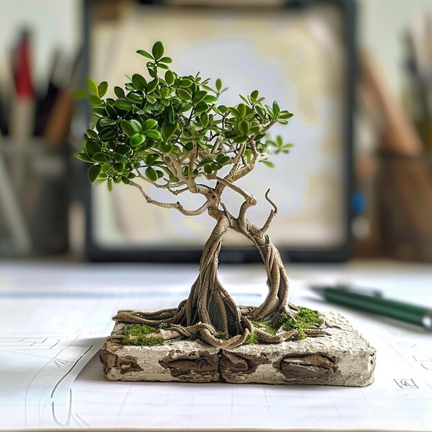 miniature banyan tree on a white work desk