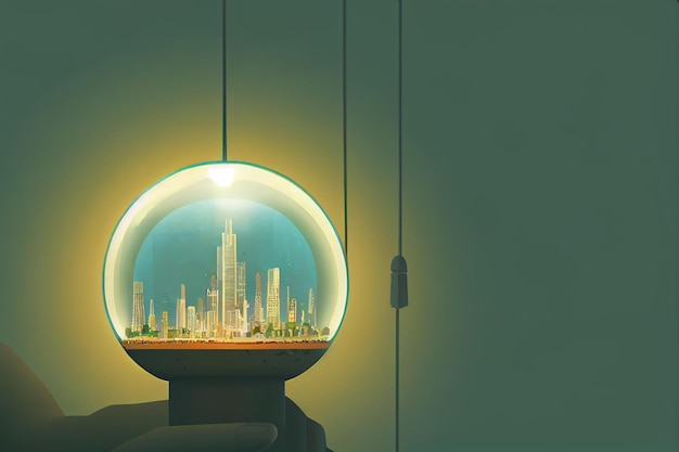 Miniature biotopic cityscape inside a light bulb Modern contemporary style fantasy town Abstract representation of a real city in snowball AI Neural Network Computer Generated Art