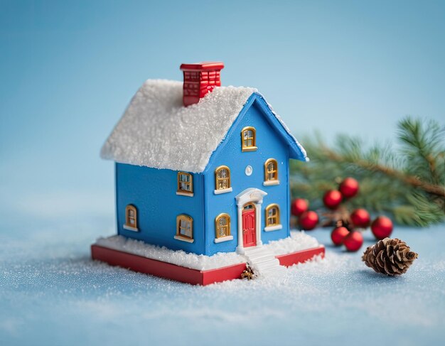 Miniature blue house in the snow New Years atmosphere