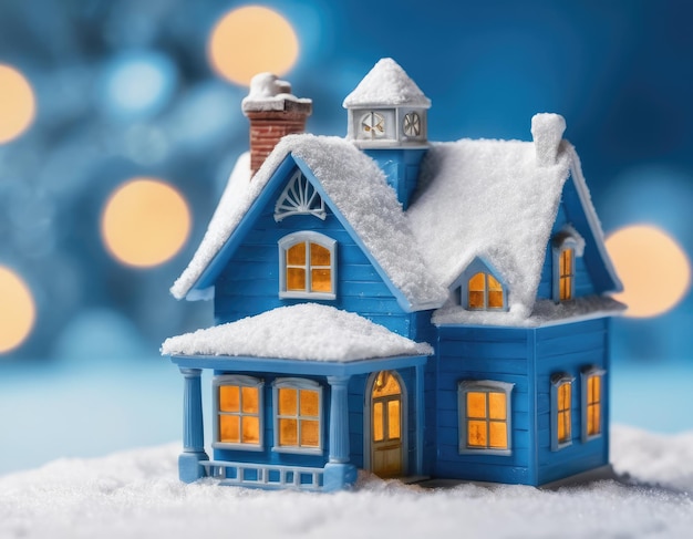 Miniature blue house in the snow New Years atmosphere