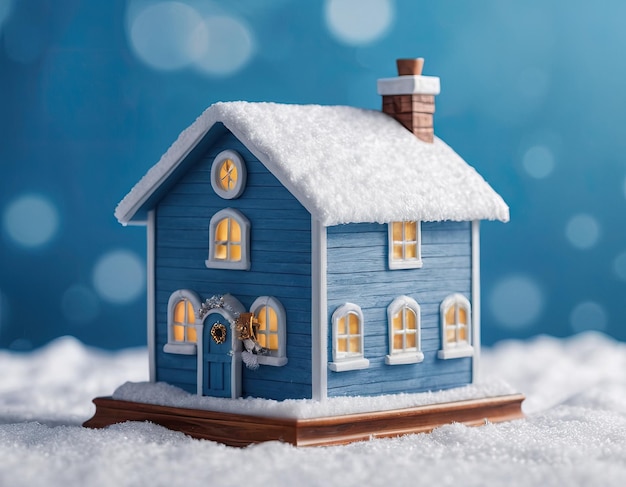 Miniature blue house in the snow New Years atmosphere